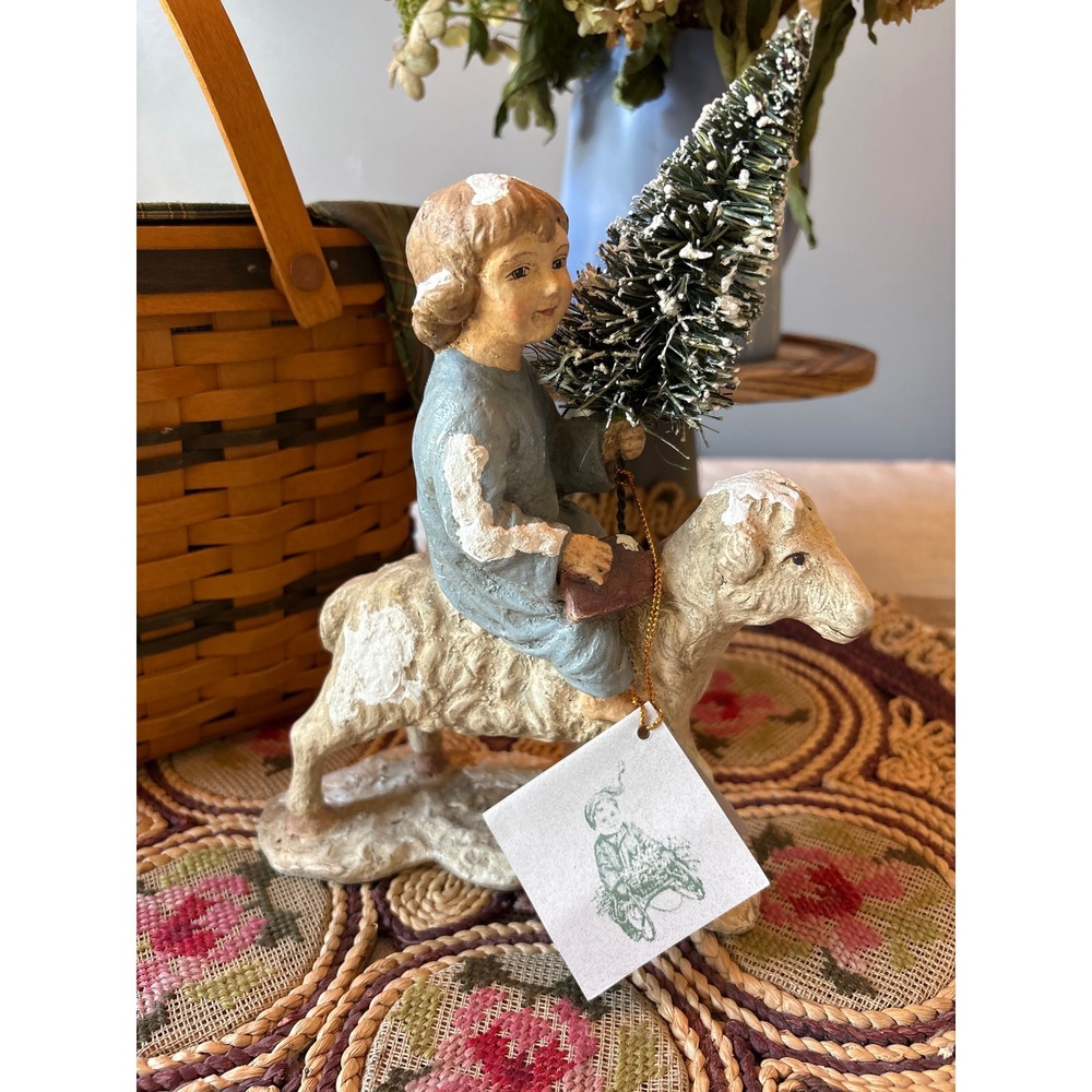 Bethany Lowe Child  Riding Sheep Holding Christmas Tree  Book Snow Primitive